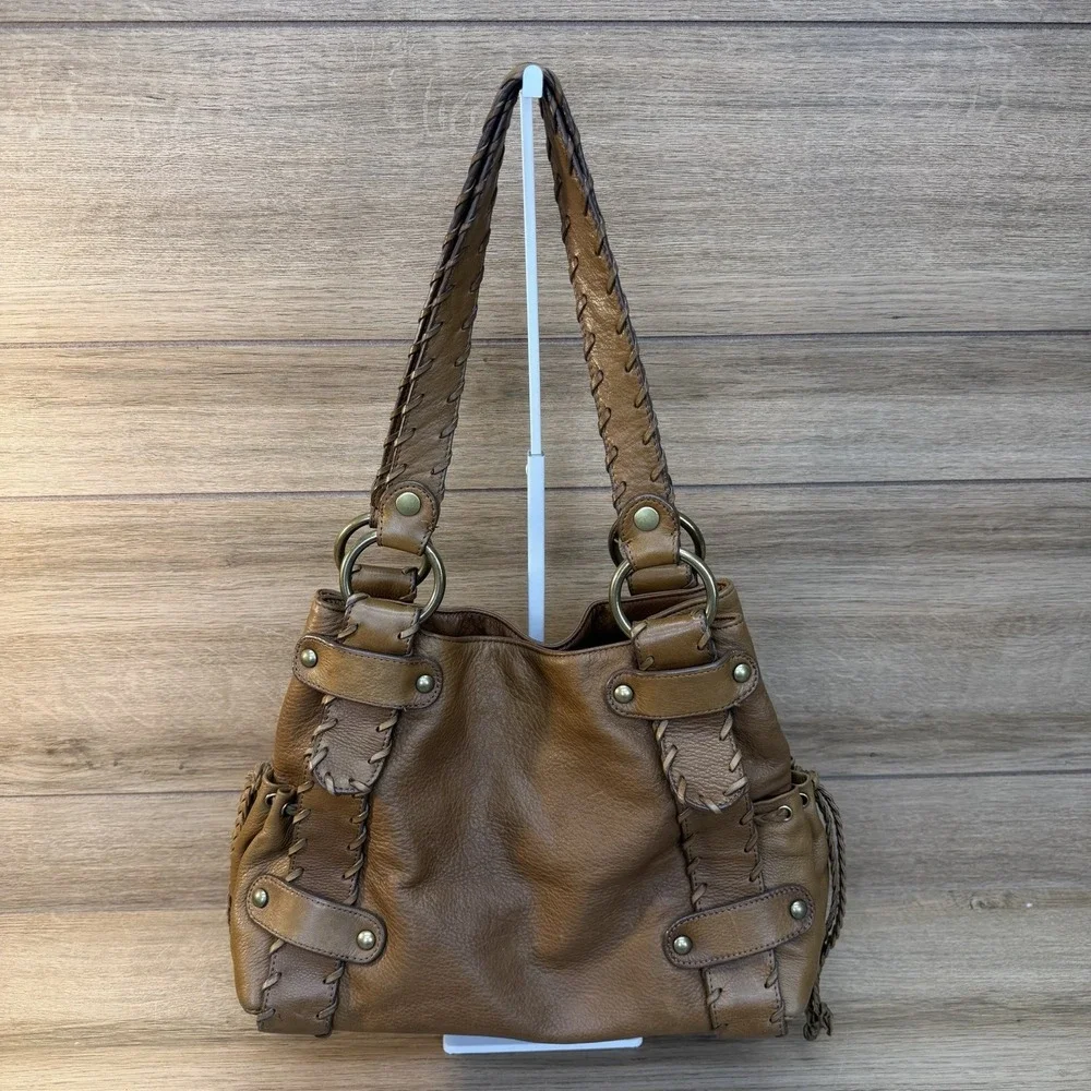 Kooba Sienna Leather Satchel Handbag Tan Whipstitch Braided Hobo Bag Vintage Y2K